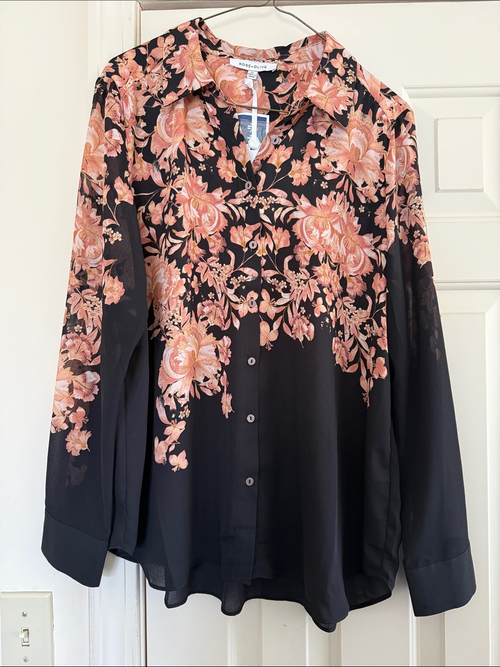 Rose & Olive Black Button-Down Shirt with Peach Floral Print
